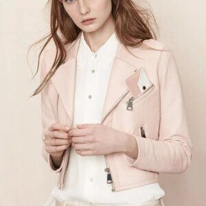 Maje cropped Light Pink Lamb Leather moto jacket with Lace Lining.  XS.  EUC.